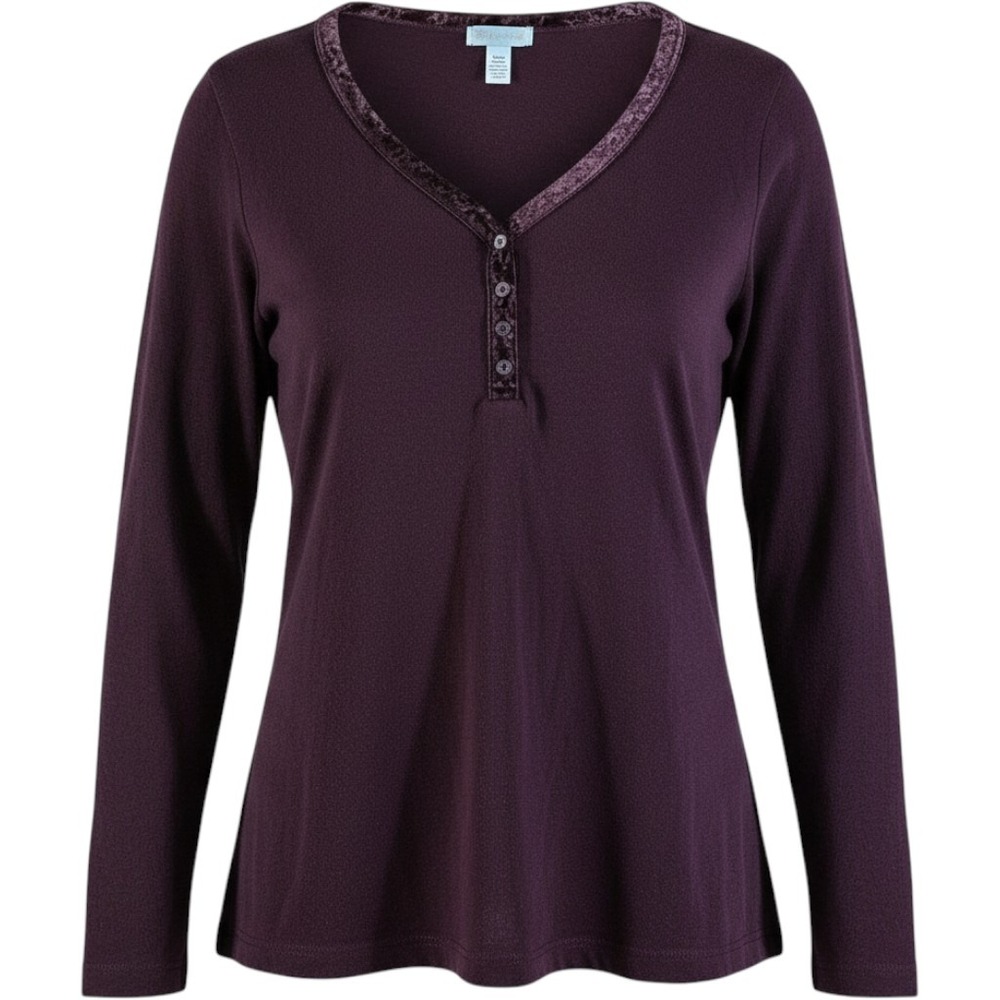 Sunday Woman 1X Purple Long Sleeve V Neck Button Up Top velvet trim henley berry